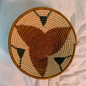 Handwoven Tribal Accent Basket in Brown, Cream & Dark Green